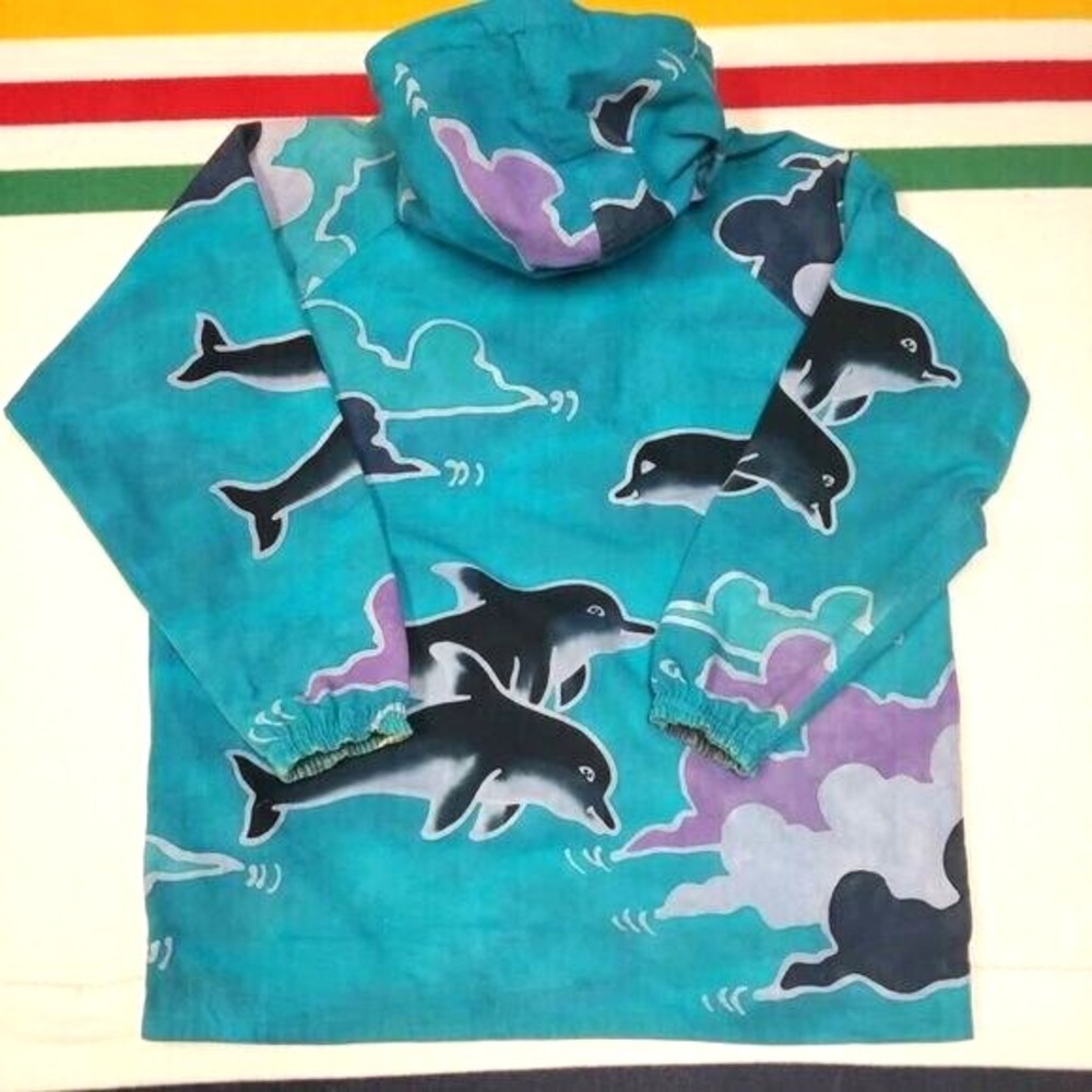 Vintage Reversible Jacket Dolphin Tribal Aztec Hooded Teal‎ 80s 90s Mens XL - Picture 4 of 6